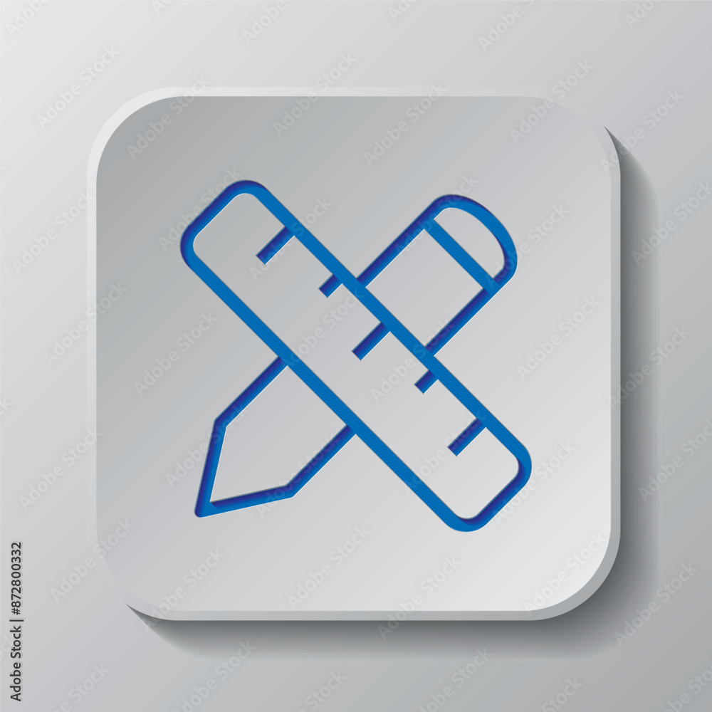 Ruler, pen simple icon vector. Flar design. Paper cut design. Cutted blue symbol with shadow. Gray badge button, gray background