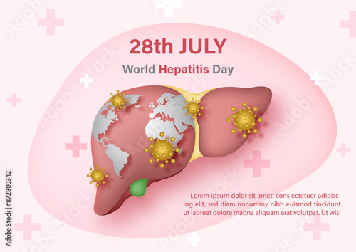 Human liver with word map and symbols of hepatitis's virus and wording of event, example texts on pink background. World hepatitis day poster's campaign in 34 style