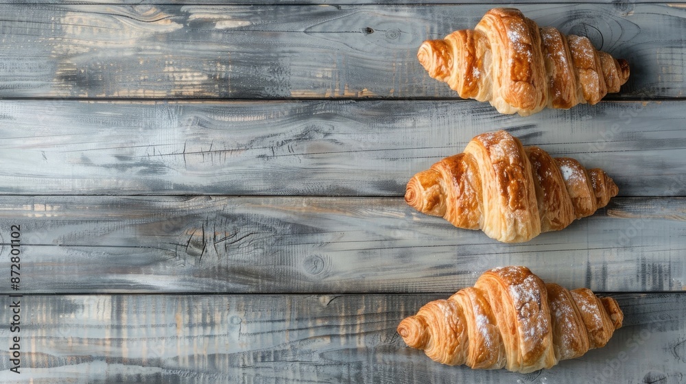 Morning concept with fresh croissants on gray wooden surface Morning concept with fresh croissants on gray wooden surface