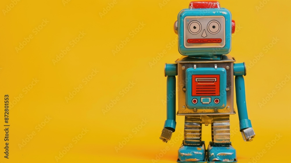 Fototapeta premium Old tin robot toy on yellow background