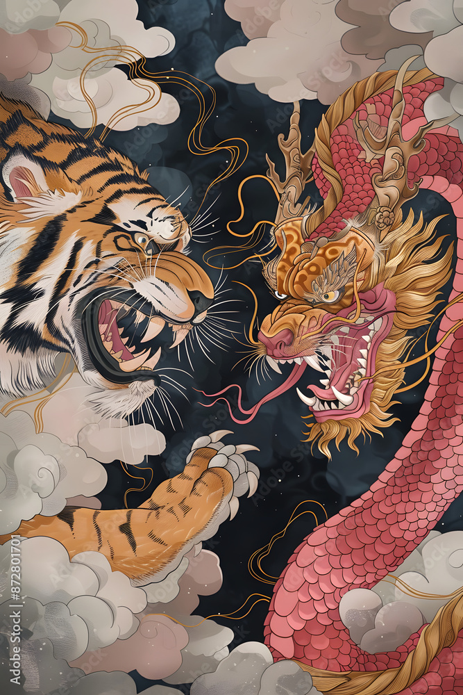 Obraz premium 縁起物の虎とピンクの龍