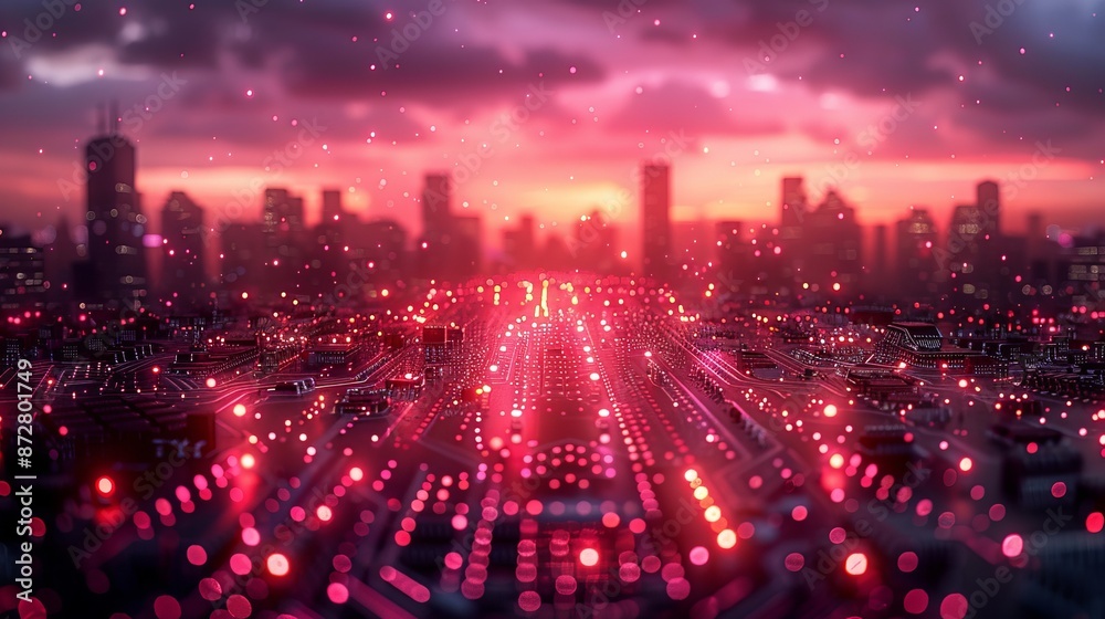 Fototapeta premium Cityscape at Sunset With Circuit Board Overlay