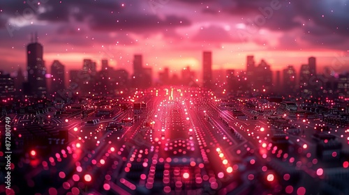 Cityscape at Sunset With Circuit Board Overlay