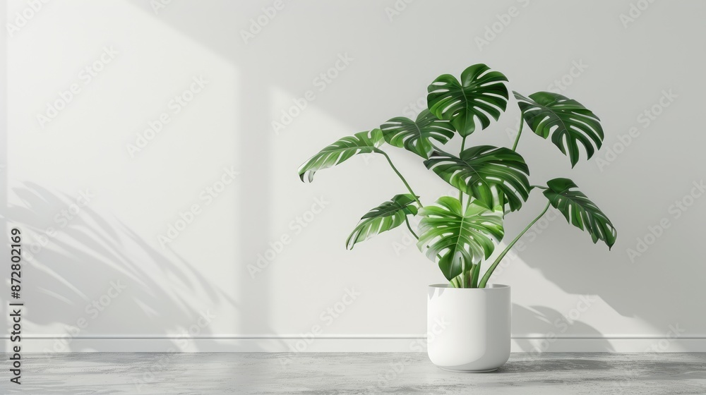 Monstera deliciosa plant in white pot with white backdrop Monstera deliciosa plant in white pot with white backdrop