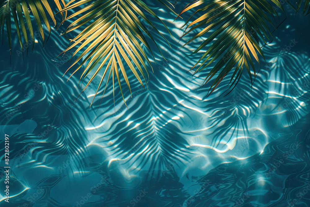 Fototapeta premium Tropical leaf shadow on water surface. Shadow of palm leaves on blue water. Beautiful abstract background concept banner for summer vacation at the beach