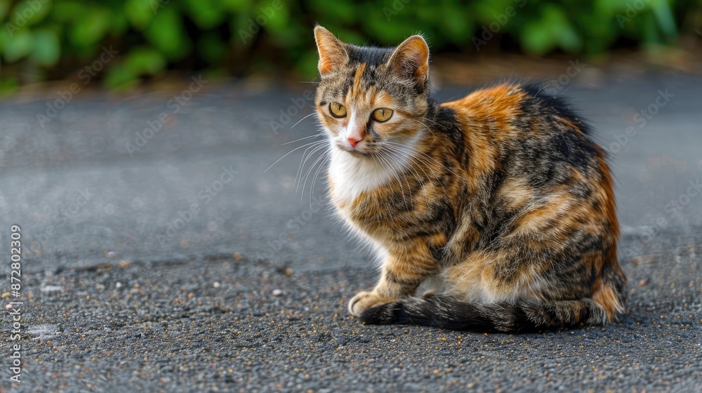 Multicolored cat on pavement glancing away with spayed female ear notch Multicolored cat on pavement glancing away with spayed female ear notch