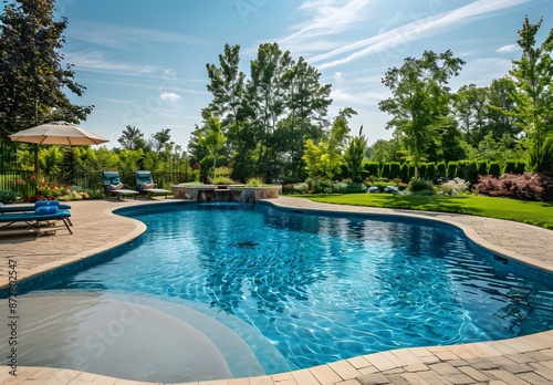 Summer Backyard Pool with Lounge Chairs