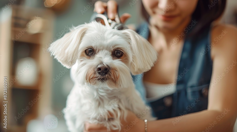 Maltese dog gets hair cut at Pet Spa Grooming Salon. Closeup of Dog. the dog has a haircut.comb the hair, groomer concept,image of dog hairbrush hand,copy space. Maltese dog gets hair cut at Pet Spa Grooming Salon. Closeup of Dog. the dog has a haircut.comb the hair, groomer concept,image of dog hairbrush hand,copy space.