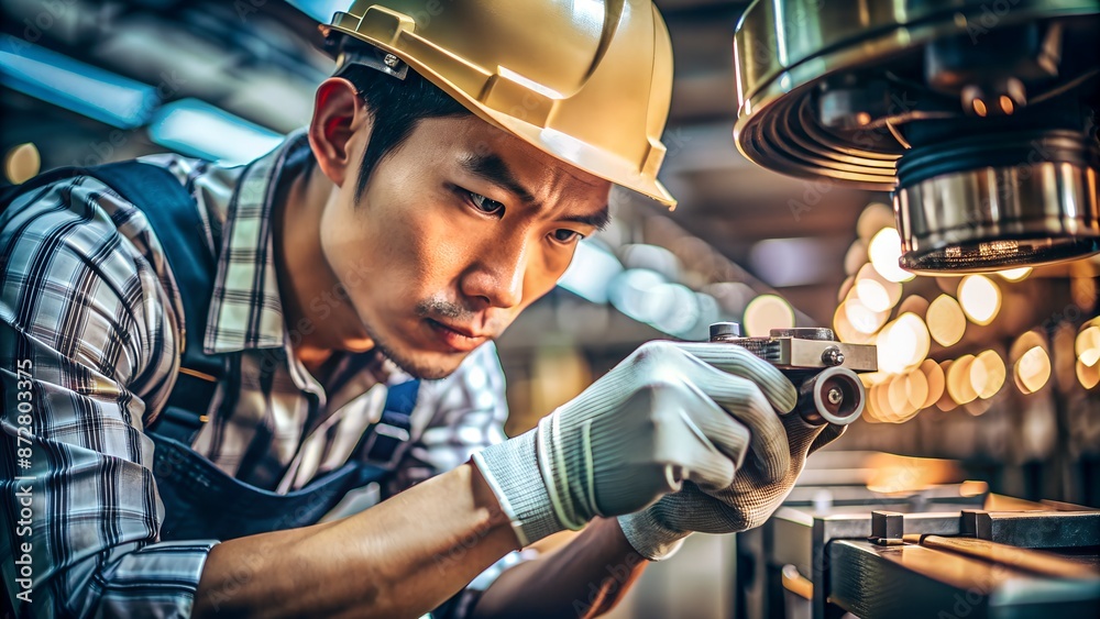 Asian Worker's Hand Performing a Detailed Inspection - Quality Control