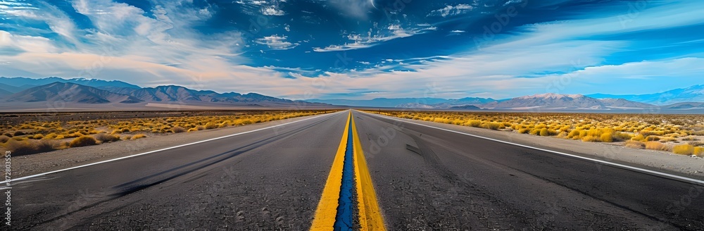 Naklejka premium Endless Road in Desert Landscape with Mountains