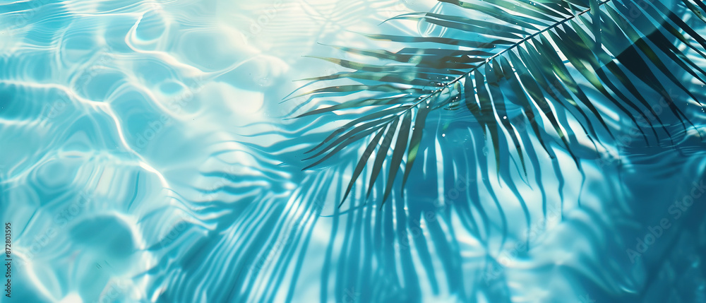 Tropical leaf shadow on water surface. Shadow of palm leaves on blue water. Beautiful abstract background concept banner for summer vacation at the beach Tropical leaf shadow on water surface. Shadow of palm leaves on blue water. Beautiful abstract background concept banner for summer vacation at the beach