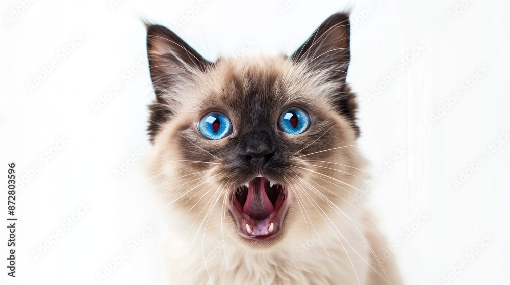 Surprise blue eyed cat meme with wide open mouth on white background Surprise blue eyed cat meme with wide open mouth on white background