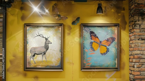 A rustic office with a mustard yellow wall showcasing two frames: one with a serene deer and the other with a vibrant butterfly, both under bright spotlights.