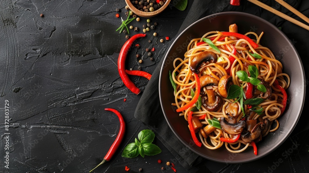 Vegetarian Lo Mein with Soy Mushrooms and Noodles on Copy Space Background Vegetarian Lo Mein with Soy Mushrooms and Noodles on Copy Space Background