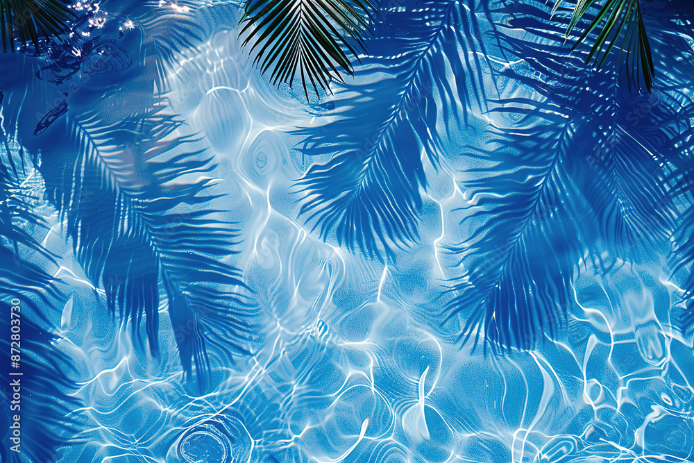 Fototapeta premium Tropical leaf shadow on water surface. Shadow of palm leaves on blue water. Beautiful abstract background concept banner for summer vacation at the beach