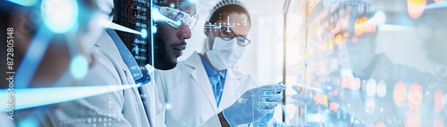 Documentary style image of a group of scientists working on clinical trial data, intense discussion, charts and graphs in the background, dynamic lab scene
