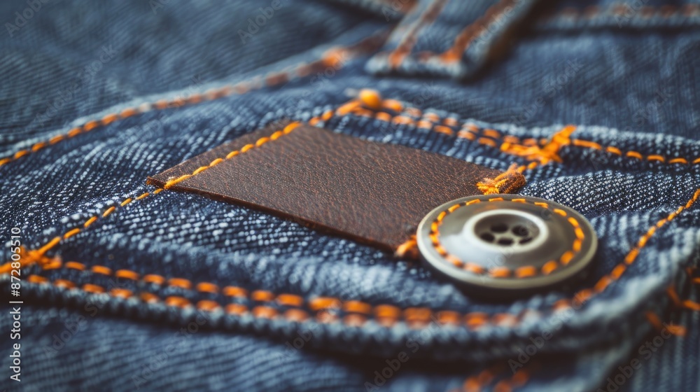 Close up of blue jeans with leather label cotton fabric and orange thread stitches Close up of blue jeans with leather label cotton fabric and orange thread stitches