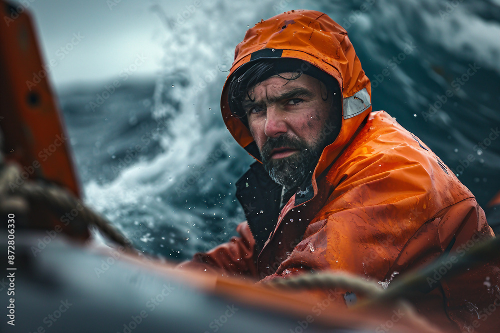AI generated photo of mature man rescuer in raincoat swimming on a boat in the middle of a stormy sea AI generated photo of mature man rescuer in raincoat swimming on a boat in the middle of a stormy sea
