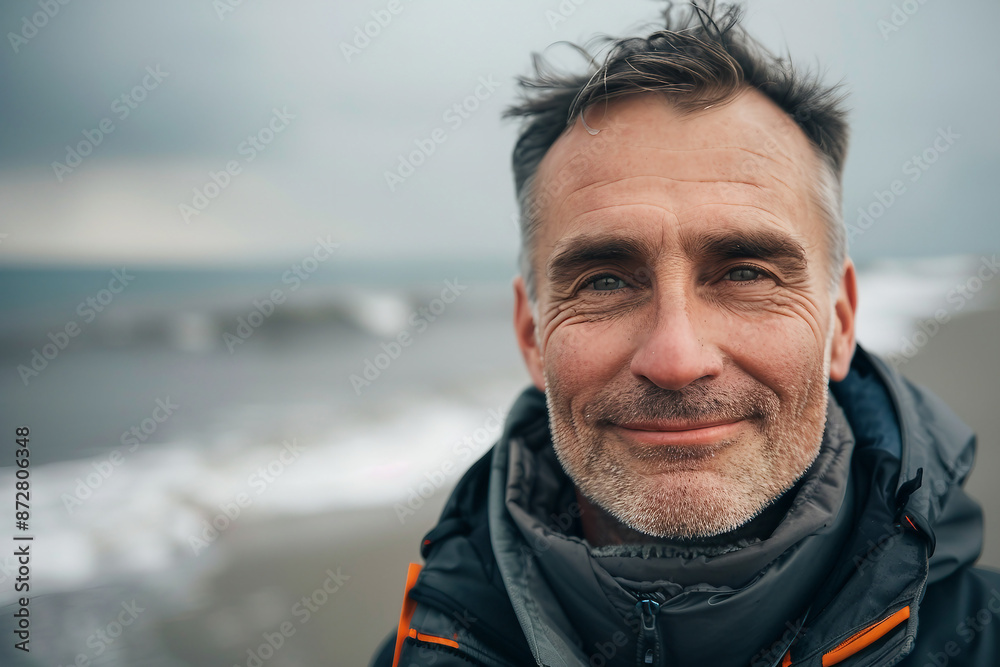 AI generated portrait of a happy smiling person walking alone on a beach on cloudy stormy day AI generated portrait of a happy smiling person walking alone on a beach on cloudy stormy day