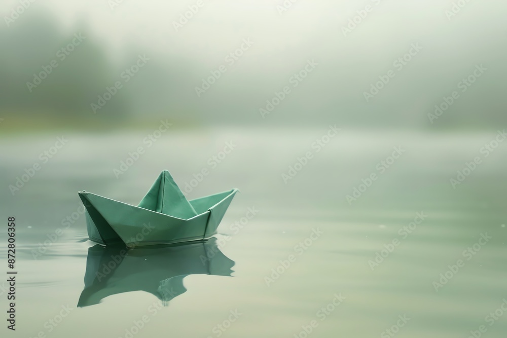 Obraz premium Paper boat floating on a calm, misty lake. Serene and tranquil scene symbolizing simplicity and childhood memories.