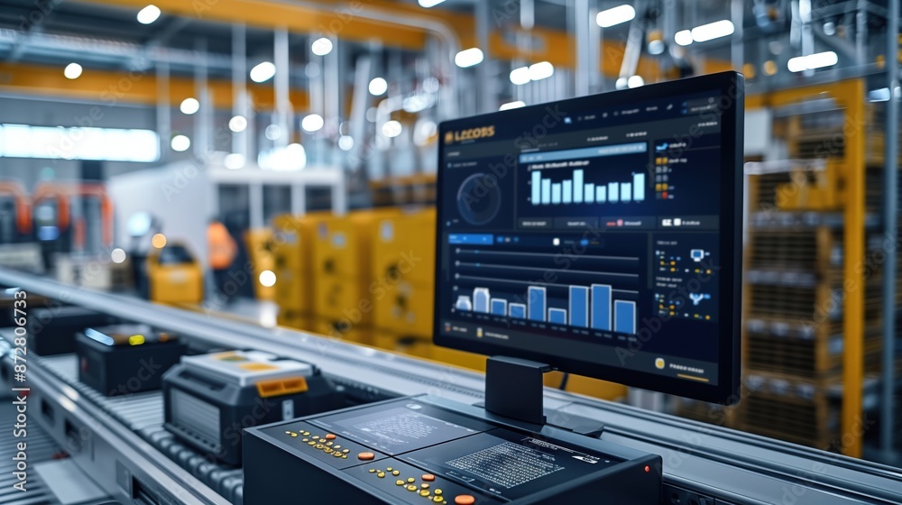 Industrial warehouse with logistics software dashboard. Computer screen displaying logistics software dashboard in an industrial warehouse, with machinery and equipment in the background. Industrial warehouse with logistics software dashboard. Computer screen displaying logistics software dashboard in an industrial warehouse, with machinery and equipment in the background.