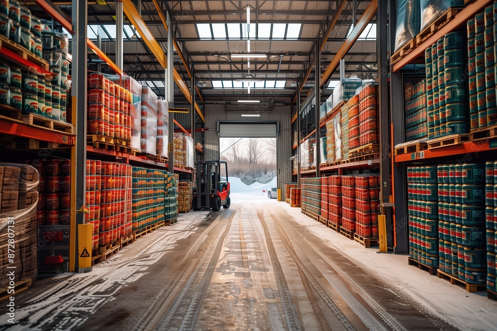 Warehouse with Forklift and Stacked Goods in Winter. Warehouse scene featuring a forklift and stacked goods, with tire tracks on the snowy ground and an open door leading outside. Warehouse with Forklift and Stacked Goods in Winter. Warehouse scene featuring a forklift and stacked goods, with tire tracks on the snowy ground and an open door leading outside.