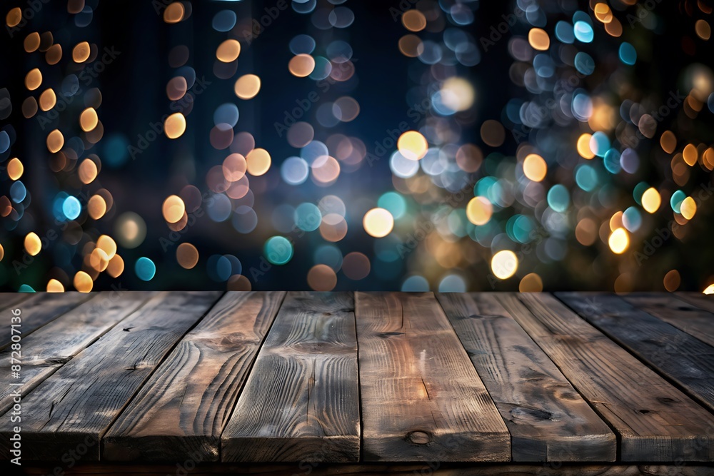 Empty wooden table with bokeh christmas lights Empty wooden table with bokeh christmas lights