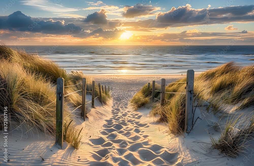 Sunset Path to Beach with Sand Dunes and Wooden Fence Sunset Path to Beach with Sand Dunes and Wooden Fence