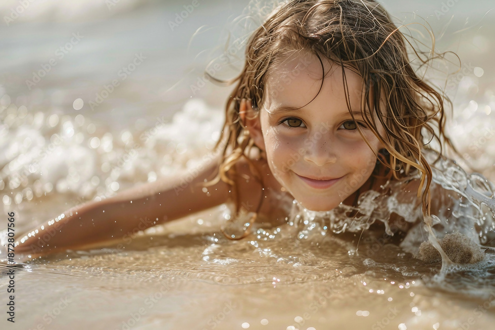 Obraz premium Funny children kids playing at the beach seaside poolside aquapark summer leisure weekend time, Generative AI