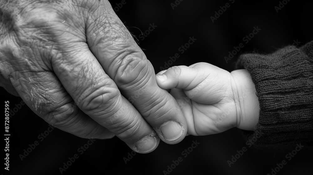 Fototapeta premium Grandfather holding her grandchild's hand. Black and white.