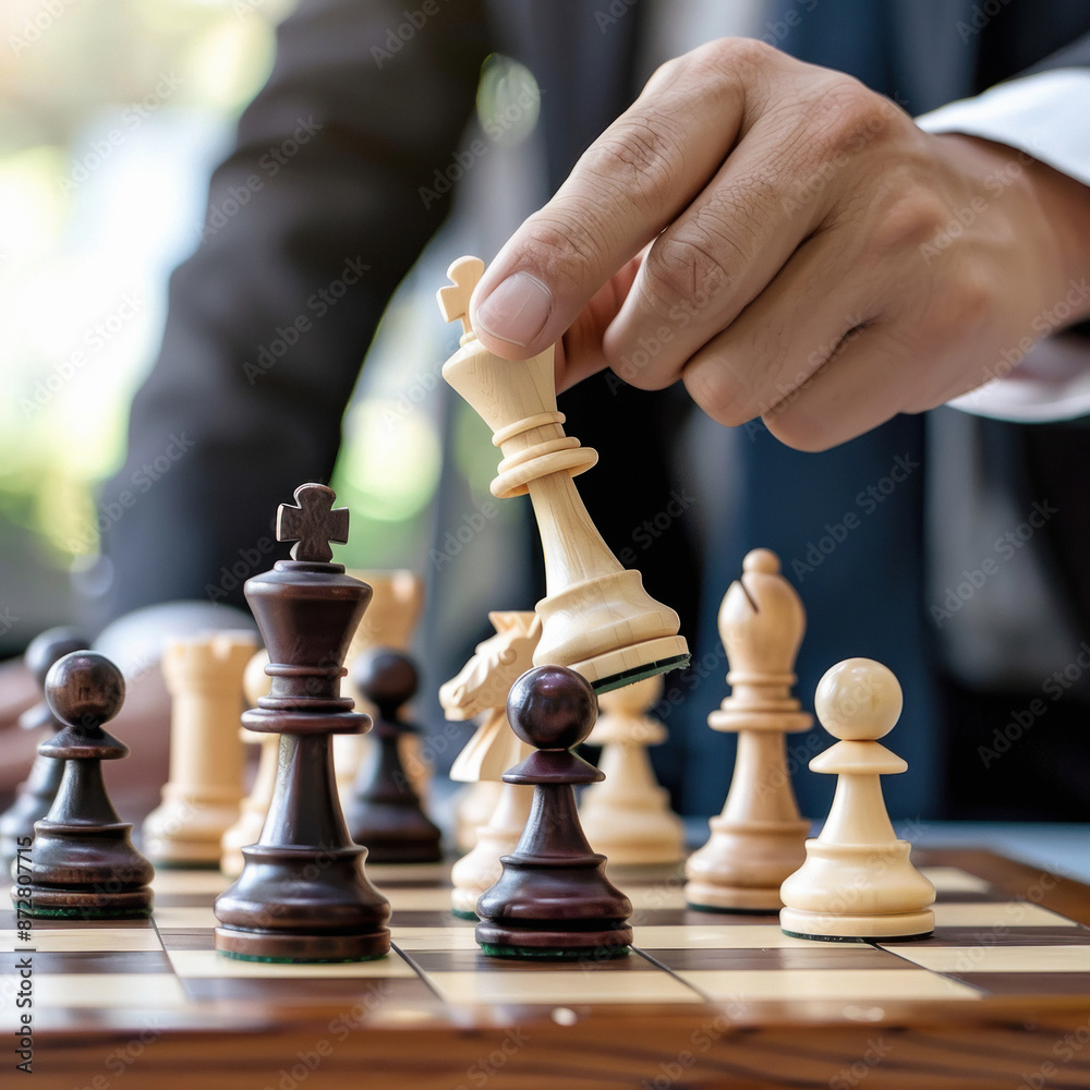 close up of young businessman playing chess close up of young businessman playing chess