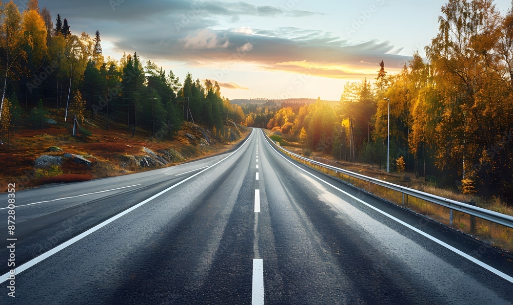 Scenic Autumn Road Through Forest at Sunset Scenic Autumn Road Through Forest at Sunset
