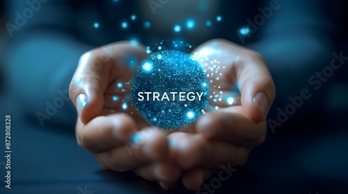 The image features a businessman's hand with the word 