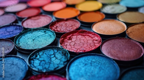 This image features an array of multicolored cracked eye shadow palettes, representing beauty, makeup artistry, and the intricate details behind cosmetic products.