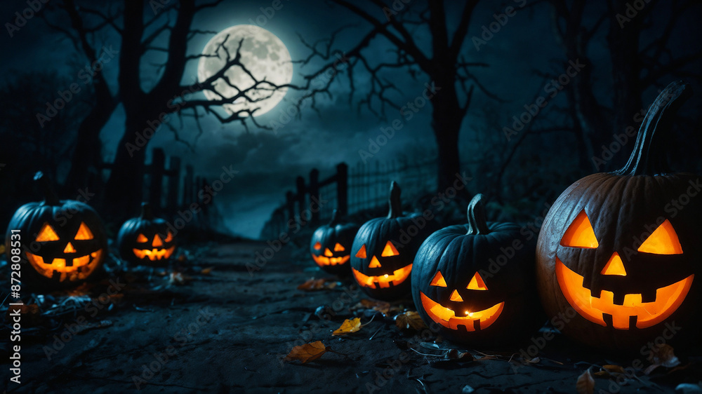 Pumpkin Halloween scene in a woods with a full moon Pumpkin Halloween scene in a woods with a full moon