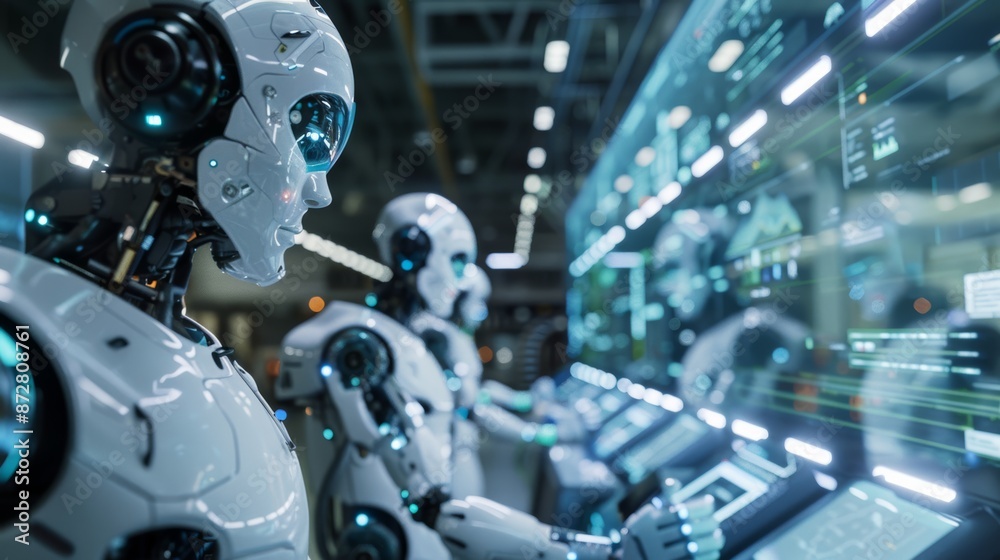 Robots collaborating in a futuristic factory, advanced robotics technology enhancing productivity and safety. Robots collaborating in a futuristic factory, advanced robotics technology enhancing productivity and safety.