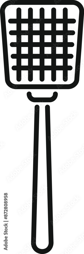 Simple line drawing of a fly swatter with a long handle standing upright on a white background Simple line drawing of a fly swatter with a long handle standing upright on a white background