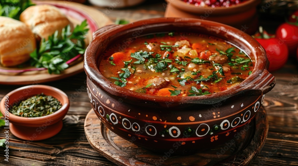 Traditional Russian soup served in clay pot with accompaniments Traditional Russian soup served in clay pot with accompaniments