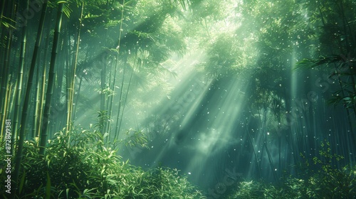 Sunlight penetrates through dense bamboo, creating a mystical ambiance in the forest. The misty effect and green foliage enhance the tranquil and enchanting scenery.