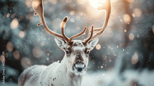 A charming deer with impressive antlers stands in a snow-covered landscape adorned with beautiful bokeh lights, creating a magical and enchanting winter scene. © Vuvimages