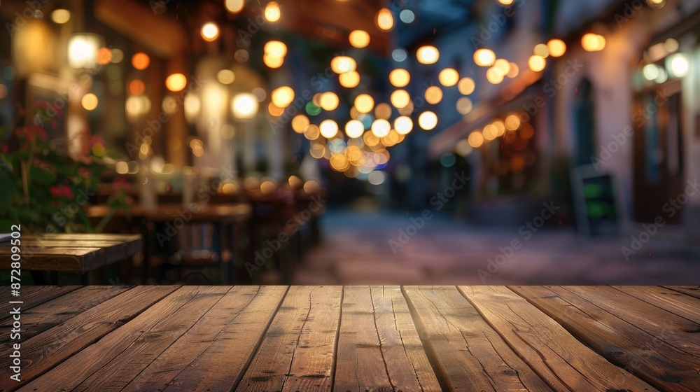 Product display on empty wooden table in blurred restaurant setting at night Product display on empty wooden table in blurred restaurant setting at night