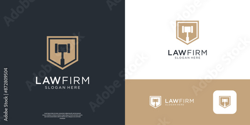 Golden hammer and shield logo vector. Simple justice or law firm logo design corporate.