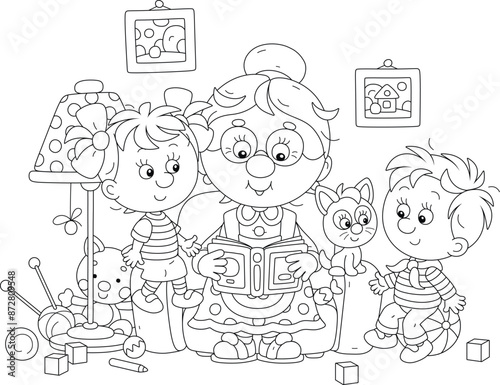 Cute grandma reading aloud an interesting fairy tale book to her happy little grandson and granddaughter, black and white vector cartoon illustration for a coloring book