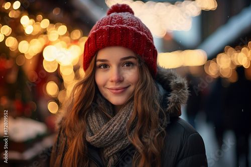 Beautiful woman walking Christmas market with colorful lights and decorations generative AI © Tetiana