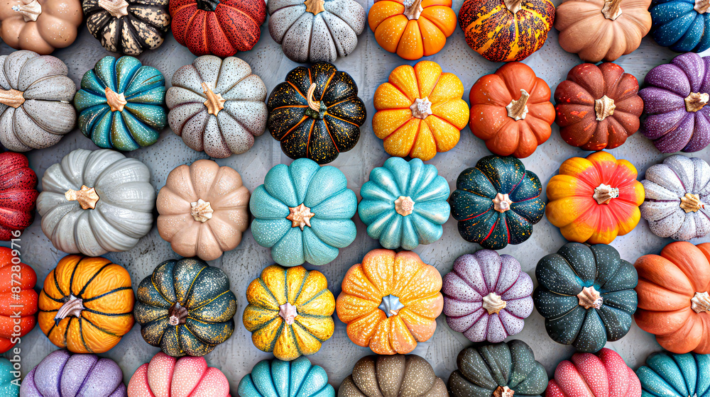 Colorful pumpkins in rows, flat lay Colorful pumpkins in rows, flat lay
