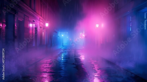 A dark street, bathed in neon pink and blue lights, with night smog swirling around. Minimalistic, ultra HD quality.