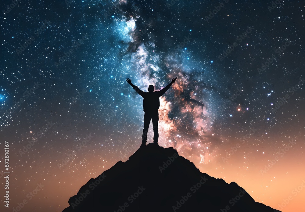 Fototapeta premium Silhouette of a Man Celebrating Under Milky Way