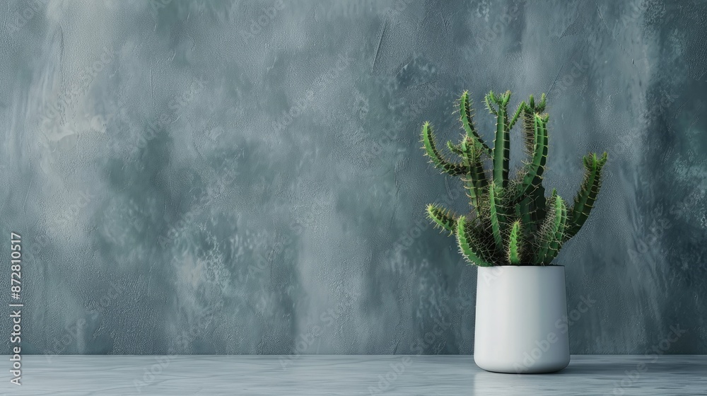 Artificial Cactus with Sign and Copy Space on Grey Wall