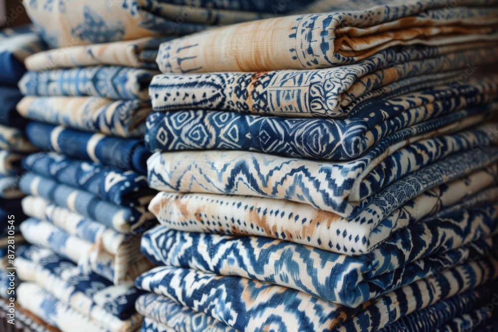 Stack of blue and white patterned fabric.