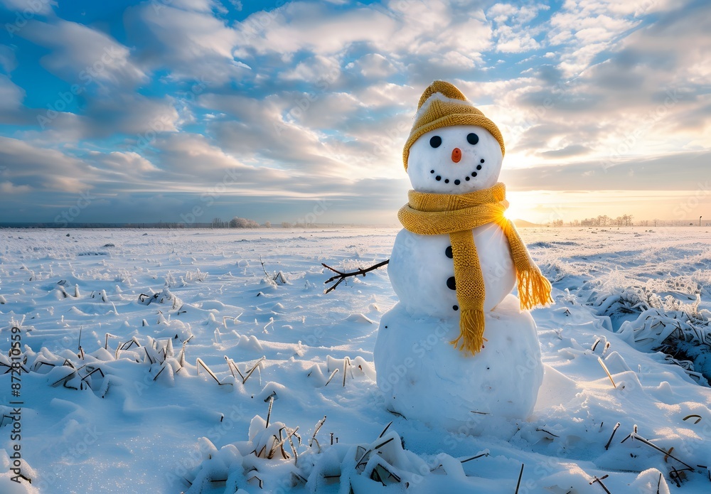 Obraz premium Smiling Snowman in Snowy Field at Dawn